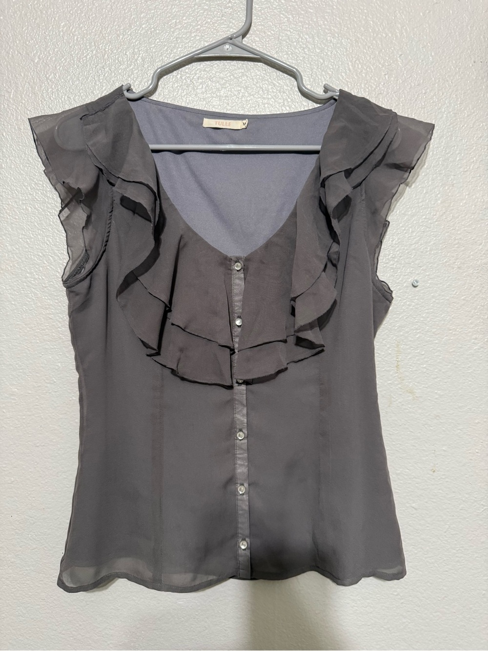 Tulle Ruffle V-Neck Sleeveless Blouse Charcoal Gray